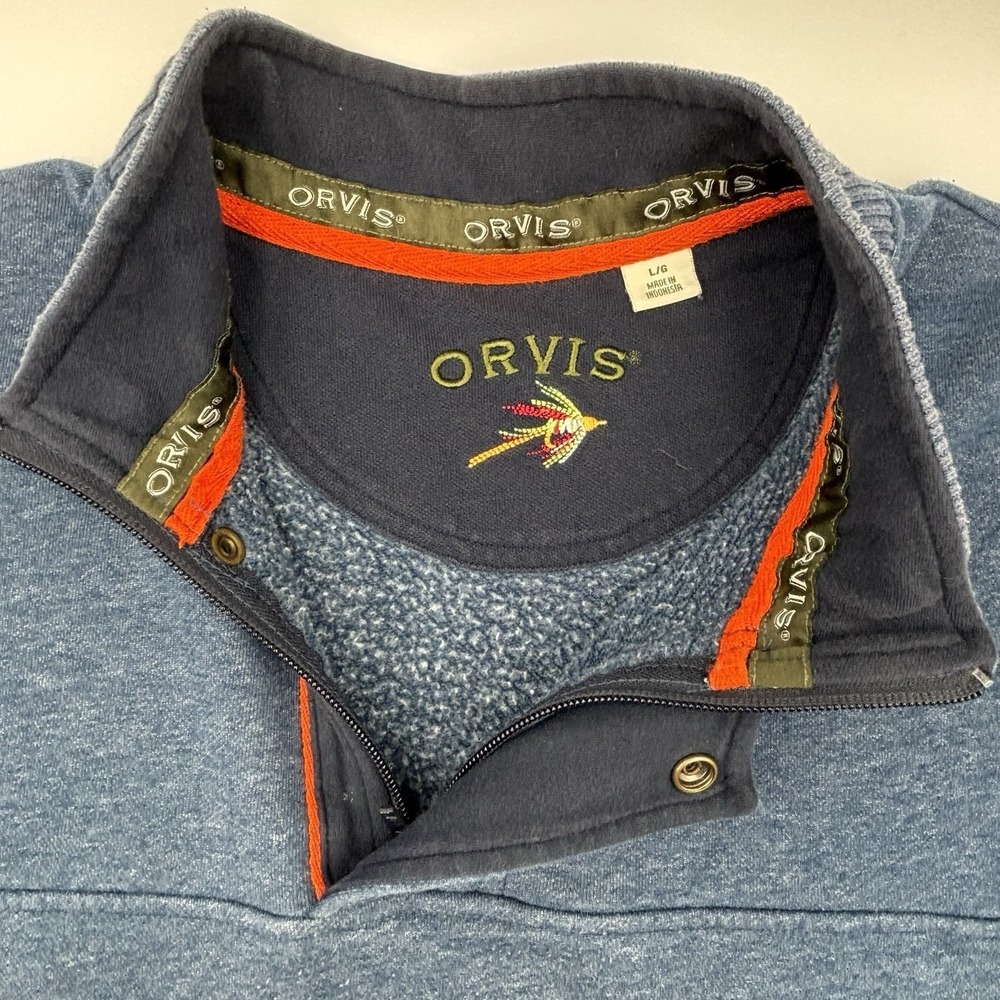 Orvis Signature Mens Large Blue Quarter Zip Snap Sweatshirt Fly Fishing Pullover